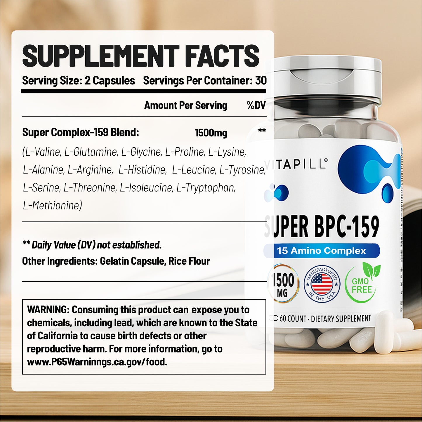 BPC 157 Peptide Capsules Alternative Super BPC 159 1500 MG - High Potency Formula for Active Support Dietary Supplement - Non-GMO, Gluten-Free- 60 Capsules, Made in USA