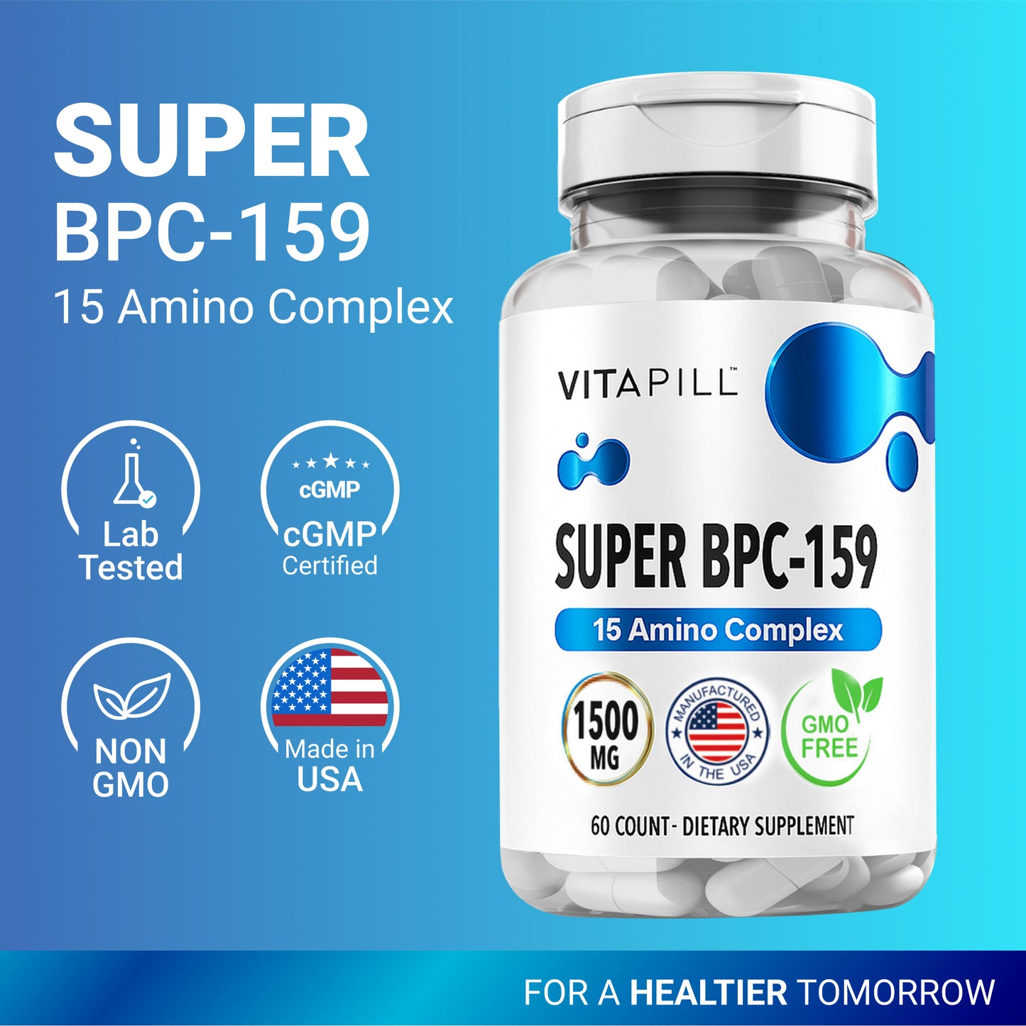 BPC 157 Peptide Capsules Alternative Super BPC 159 1500 MG - High Potency Formula for Active Support Dietary Supplement - Non-GMO, Gluten-Free- 60 Capsules, Made in USA